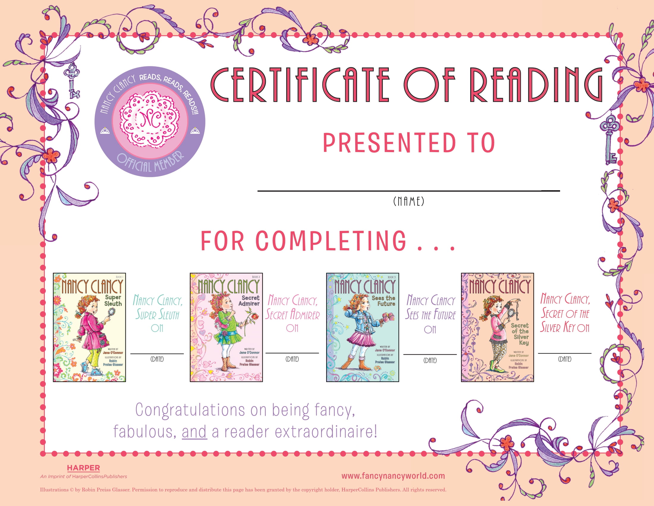 Nancy Clancy Reading Certificate